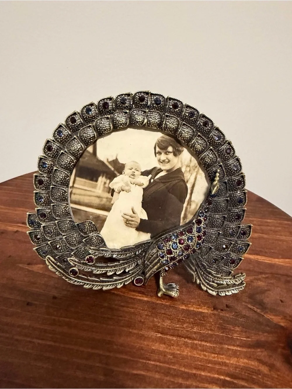Pier 1 Imports Peacock Jeweled Rhinestone Picture Frame With Vintage Picture